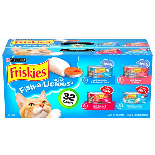 Friskies Purina Friskies Wet Cat Food Variety Pack Fish-A-Licious Extra Gravy, Prime Filets and Tasty Treasures - (Pack of 32) 5.5 oz. Cans