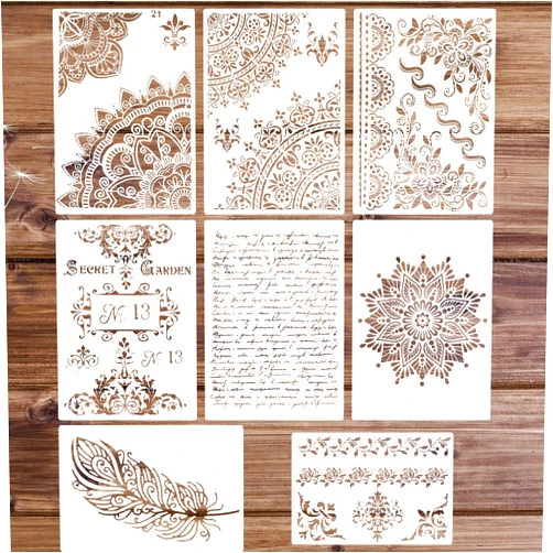 Hosomono 8 Piece Large Mandala Stencil Vintage Script Stencil Templates Reusable Feather French Border Furniture Stencils for Painting on Furniture Wood Canvas DIY Craft Wall Decoration (mandala1)