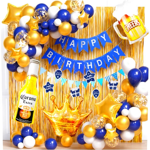Winrayk 124Pcs Beer Birthday Party Decorations for Men Women Navy Blue Gold Balloon Arch Fringe Curtain Banner Swirl Whiskey Bottle Beer Mug Crown Balloon 30th 40th 50th Beer Party Decoration Supplies