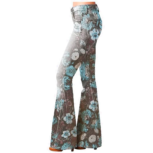 SMIDOW Womens Vintage Floral Print Flare Denim Pants Bell Bottom Jeans Curvy Slim Fit Butt Lifting Denim Skinny Jeans