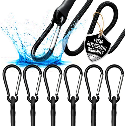 Vbest Bungee Cords with Hooks 24 Inch - Heavy Duty Outdoor Black Bungee Cords with Carabiner Hooks - 6pk Small Bungie Cord Set - Strong Bungy Cords, Bunjee Straps with Clips - Carabiner Bungee Cords