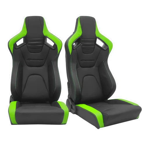 FREEMOTOR802 Universal Racing Seats, Upgraded Version Reclinable Sport Seats with Dual Lock Sliders Adjustable, 1 Pair (Driver + Passenger Side), PU + Carbon Fiber Fabric, Black with Green Stitching