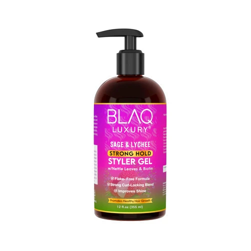 Blaq Luxury Sage & Lychee Strong Hold Styler Gel - Non-Alcoholic and Non-Flaky Formula for All-Day Hold – Biotin Infused - Promotes Hair Repair, Growth, and Manageability - 12oz