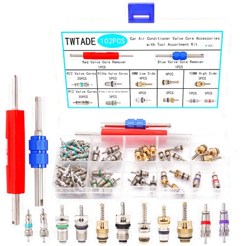 TWTADE 102PCS Car Air Conditioner Valve Core Accessories with Remover Tool Assortment Kit R12 R134a Refrigeration Tire Valve Stem Cores Repair Kit H-020