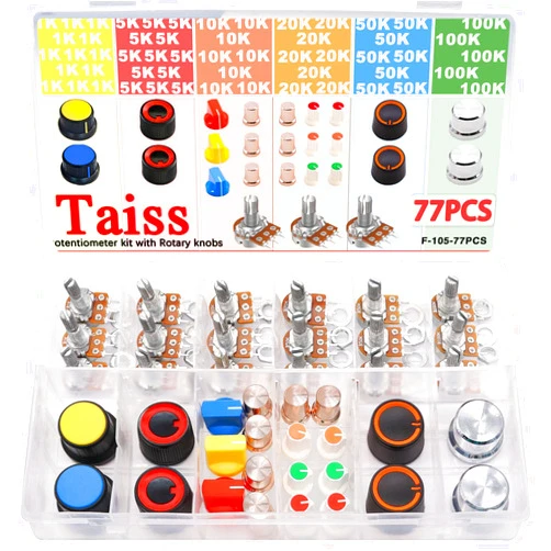 Taiss 77PCS Potentiometer kit 1K 5K 10K 20K 50K 100K Ohm with Rotary knobs+2pcs Black Aluminum Rotary Electronic Control Potentiometer Knob for 6 mm Diameter Shaft