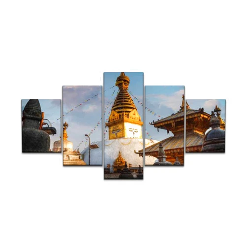 UVRKQYOSGKB Large Canvas Print 5 Panels Art Wall Paintings Swayambhunath Stupa Stretched Framed Wall Poster Picture on Canvas Home Decor - 60x32 Inch Total