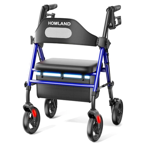 HOMLAND Foldable Rollator Walkers with Seat for Seniors, 8'' Big Wheels, 350 lb. Weight Capacity, Adjustable Handles and Seat Height, Lightweight Rolling Walker, Blue