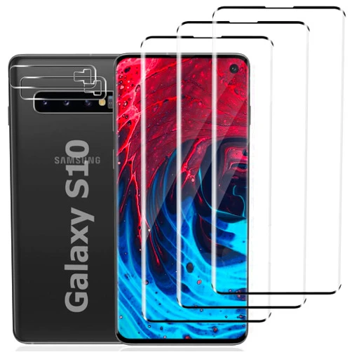 SunColorful [3+2 Pack ] Galaxy S10 6.1 Inch Tempered Glass Screen Protector and Camera Lens Protector, Ultrasonic Fingerprint Compatible 9H Hardness, HD Clear No Bubbles, 3D Full Coverage Anti-Scratch