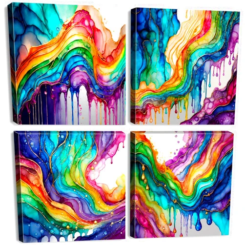 YOOOAHU Abstract Rainbow Wall Art Colorful Fluid Lines Painting for Living Room Graffiti Wall Decor Watercolor Fantasy Red Green Blue Liquid Pictures Modern Canvas Prints Bedroom Home Decorations 12x12” 4Pcs