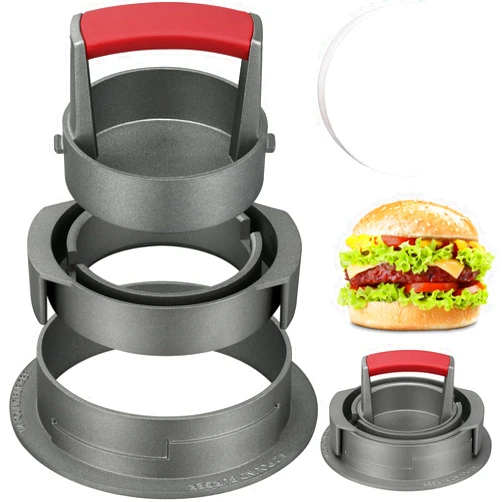 PIQUEBAR Burger Press Patty Maker 3 in 1 Stuffed Heavy Duty Hamburger Patty Maker Adjustable Burger Mold 1/2 1/3 1/4 lb Non-Stick with 100 Patty Papers