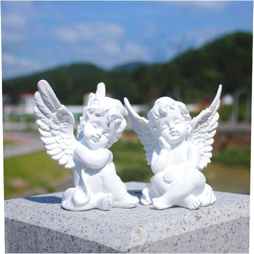 OwMell Set of 2 Cherubs Angels Resin Statue Figurine, Indoor Home Decoration, Adorable Angel Sculpture Memorial Statue 4