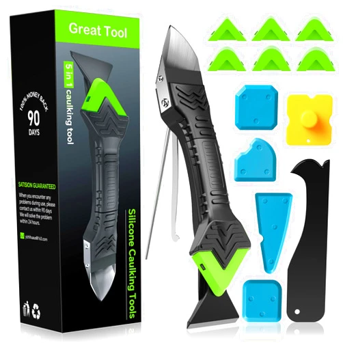 Goopreen Caulking Tool 5 in 1 Silicone Caulking Grout Removal Sealant Finishing Tool with Grout Scraper, 6 Exchange Silicone Pads, Adhesive Residue Scraper Seam Repair Kit for Kitchen Bathroom