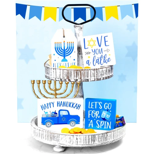 Huray Rayho Hanukkah Tiered Tray Decor Rustic Menorah Mini Wood Sign for Chanukah Gifts Farmhouse Holiday Home Decoration Set of 4