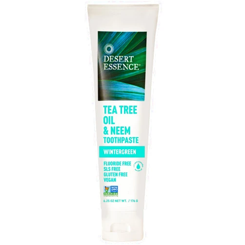 Desert Essence Tea Tree Oil & Neem Toothpaste - Fluoride-Free, Gluten-Free, SLS Free Formula - Vegan, Herbal Toothpaste for Plaque Reduction - Wintergreen Flavor, 6.25 oz