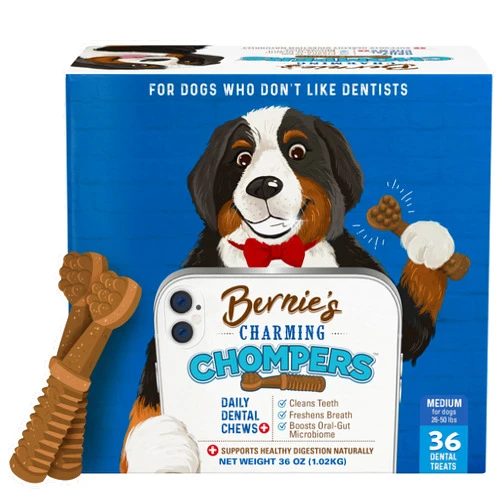 Bernie's Charming Chompers - Daily Dental Chews for Dogs 26-50 Lbs. - 36 Count - Cleans Teeth, Freshens Breath, Boosts Oral-Gut Microbiome. Easy to Digest, Supports Healthy Digestion Naturally