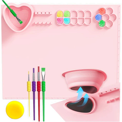 Svartur Silicone Painting Mat with Cup and Paint Holder, 20×16 inch Silicone Art Mat with 4 Paint Brush & 1 Painting Sponge, Silicone Craft Mat for Creator, Kids Painting, Resin Casting, Pink