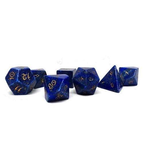 EASY ROLLER DICE CO Stone Dice Collection - 7 Piece Collection of Semi Precious Stone Dice with Elvenkind Font (Lapis Lazuli - Gold)