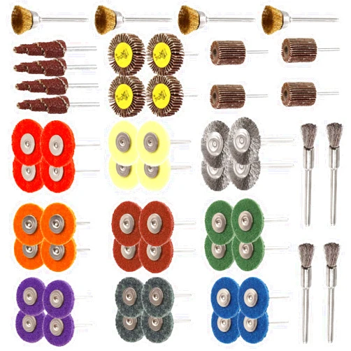 Swpeet 56Pcs 1 inch #120 - #3000 Abrasive Wheel Buffing Polishing Wheel and Flap Wheel Sander with Wire Wheel Brushes Assortment Kit, Perfect for Accessories Rotary Tools Polish Clean Tools