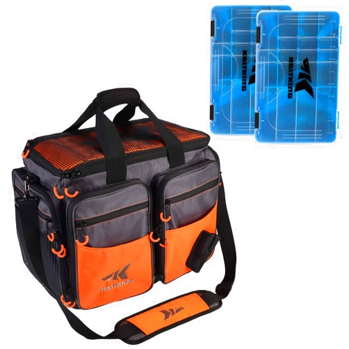 KastKing Fishing Gear & Tackle Bags - Saltwater Resistant Fishing Bags(Orange,Large) & Bait Vault Camouflage Tackle Box