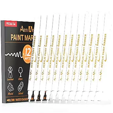 Aen Art Acrylic Paint Pens, 12 Pack White Paint Pen for Rocks Painting | 0.7mm Acrylic Marker Pen for Stone Ceramic Glass Wood Plastic Glass Metal Canvas, Drawing