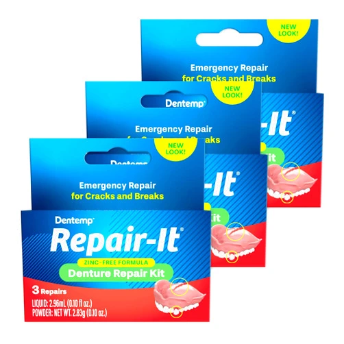 Dentemp Repair Kit - Repair-It Advanced Formula Denture Repair Kit (Pack of 3) - Denture Repair Kit Repairs Broken Dentures - Denture Repair to Mend Cracks & Replace Loose Teeth