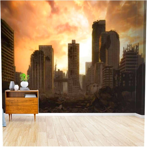 Kanworse Wallpaper Canvas Print Post Apocalyptic Urban Landscape Dusk Self Adhesive Peel & Stick Wallpaper Wall Mural Wall Decal Wall Sticker Poster Home Craft for Living Room