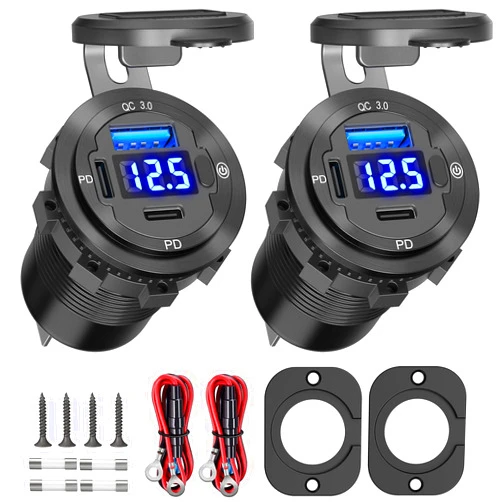 Ouffun USB C Car Charger Socket 12V USB Outlet 2 Pack: Aluminum Metal 78W Dual USB-C PD 30W and 18W QC3.0 Port Multi USB Charger Outlet with LED Voltmeter Power Switch for RV Motorcycle Boat Marine