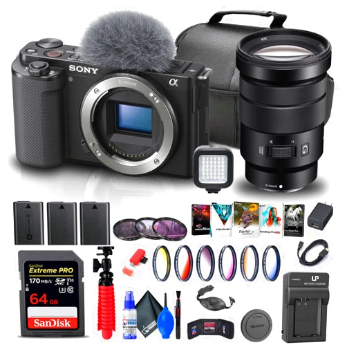 ELECTRONICS BASKET Sony ZV-E10 Mirrorless Camera (Body Only, Black) (ILCZV-E10/B) + Sony 18-105mm Lens + 64GB Card + Color Filter Kit + Filter Kit + Corel Photo Software + Bag + 2 x NPF-W50 Battery + More (Renewed)