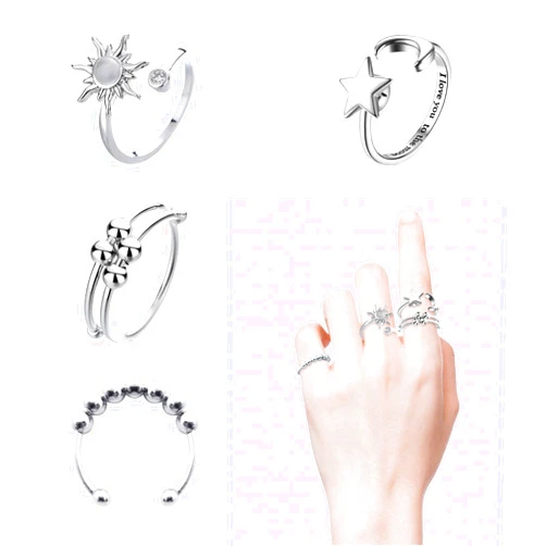 ATCEME 4PCS Anxiety Ring For Women Fidget Rings Adjustable Stainless Steel Relief Fidget Spinner Ring Sun Moon Star Bead Rotatable Fidget Rings for Anxiety (Silver)