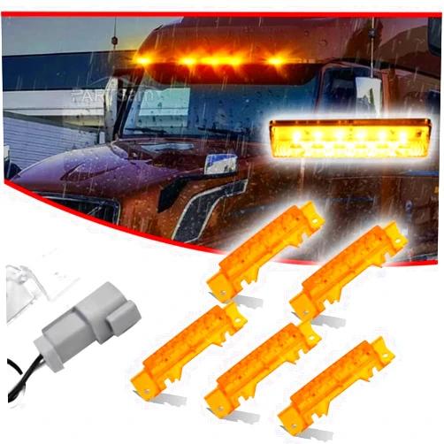 TORQUE 5PCS LED Roof Cab Marker Lights Assembly - Amber Lens, Waterproof, Reflective Running Lights Compatible with 2003-2020 Volvo VNL VNM and 2004 VN Trucks - 12V Top Marker Lamps (TRL101)