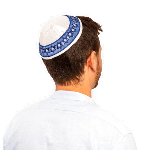 EMANUEL Yair Kippah for Blue on White Men Magen David Star Embroidered (YME-14W)