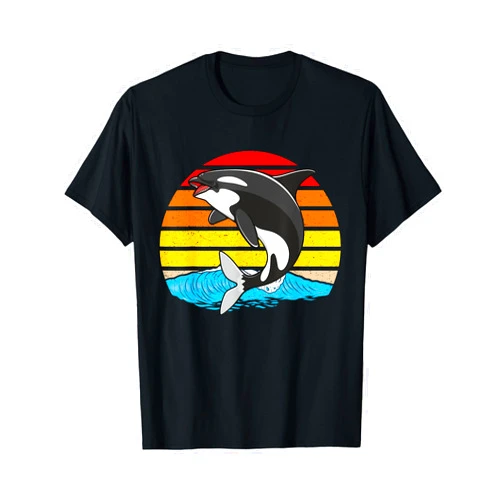 LJSW Orca Killer Whale Animated Vintage Retro With Waves & Sunset T-Shirt
