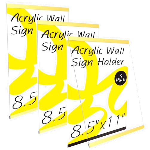 RÉΑLWÁY Gold Acrylic Sign Holder 8.5x11 Wall Mount, Acrylic Wall Sign Holder 8.5 x 11 with Adhesive Tape, Vertical Plexi Sign Holder Reusable Adhesive Frames for Walls Door Window Office Store,3 Pack