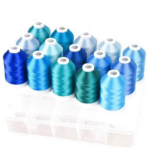 Simthread Machine Embroidery Thread with Storage Box 1000M (1100Y) Polyester 15 Spools Set for Embroidery Sewing Machine (Blue)