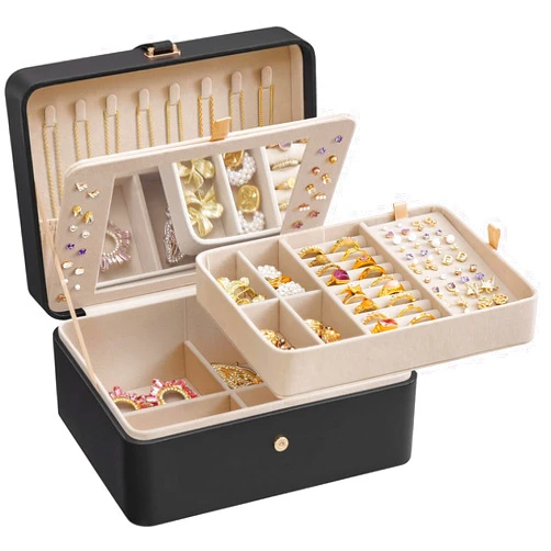 SONGMICS Jewelry Box with Mirror, 2-Layer Jewelry Holder Organizer, Travel Jewelry Case, Removable Jewelry Tray, 6.9 x 8.7 x 4.3 Inches, Earring Necklace Storage, Gift Idea, Ink Black UJBC200B01