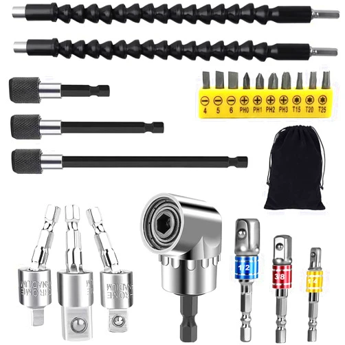 FOUUA Flexible Drill Bit Extension Set, 105° Right Angle Drill Attachment, 1/4 3/8 1/2In Hex Shank Impact Driver Socket Adapter Rotatable Socket, Bendable Drill Bit Extension Screwdriver Bit