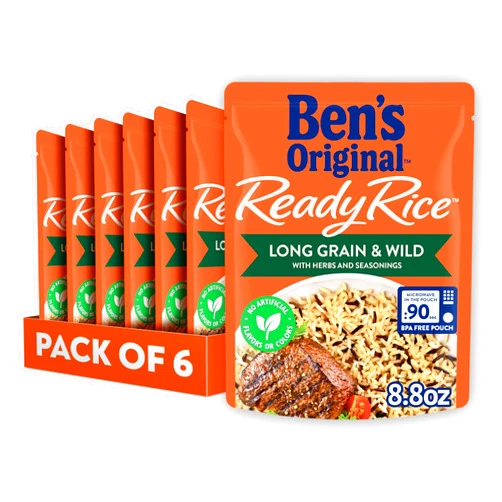 BEN'S ORIGINAL Ready Rice Long Grain and Wild Flavored Rice, Easy Dinner Side, 8.8 oz Pouch (Pack of 6)