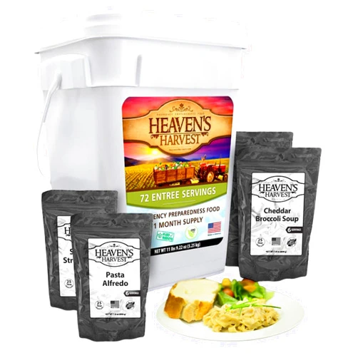 HEAVEN'S HARVEST Heaven’s Harvest 25-Year Family Food Kit — Premium Emergency Food Supply. Freeze Dried Survival Food Kit + Water-Proof 25-Year Storage Bucket. MRE Meals, Non-Perishable Camping Food