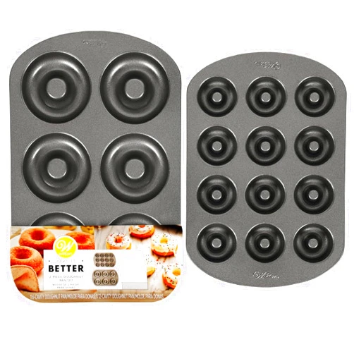 GEEOOLLAH Wilton Donut Pan 2-Piece Set, 6-Cavity Mini, and 12-Cavity Standard Donuts, Scratch Resistant and Nonstick Doughnut Pan with Doughnut Molds, Made of Long Lasting Carbon Steel Construction Heats Evenly