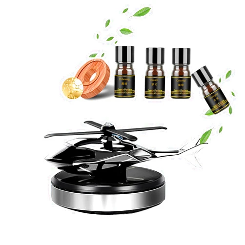 NICEADA Car Air Freshener, Helicopter Solar Energy Rotating, Al Alloy Car Perfume Aromatherapy Diffuser, Car Interior Decoration Accessories with 4 Extra Bottle Essential Oil Refills