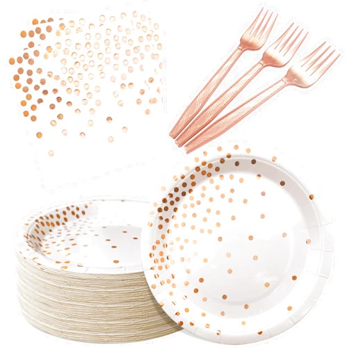 WXLDGHQ Serves 35 Guests White and Rose Gold Party Supplies,White and Rose Gold Birthday Paper Plates and Napkins,7
