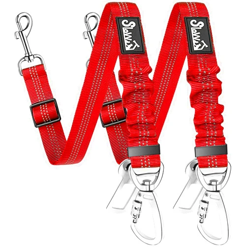 SlowTon Dog Seatbelt, 2 Pack Dog Seat Belt Car Leash Adjustable Elastic Bungee Buffer Heavy Duty Nylon Reflective Pet Safety Tether Connect to Dog Harness for Travel Riding in Vehicle (Daul Clip, R)