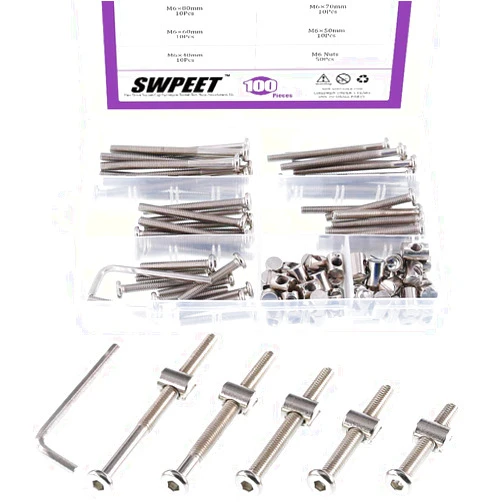 Swpeet 100Pcs Crib Hardware Screws, Nicked Plated M6 × 40/50/60/70/80mm Hex Socket Head Cap Crib Baby Bed Bolt and Barrel Nuts with 1 x Allen Wrench Perfect for Furniture, Cots, Crib Screws