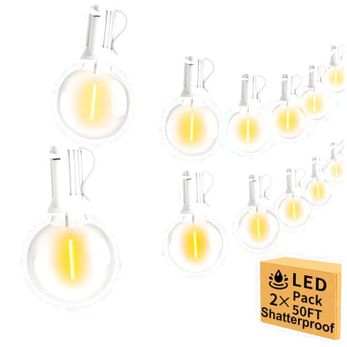 Arbrac 100ft 2-Pack Outdoor String Lights,Dimmable G40 LED String Lights with 52 Shatterproof Clear Bulbs UL Approval Waterproof Globe 1W 2700K Outdoor Lighting for Backyard Porch Cafe Party Wedding Garden