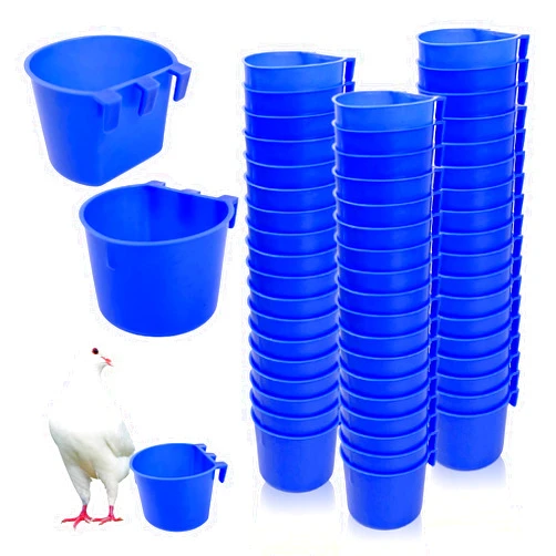 Rainmae 50 Pcs Cage Cups Birds Hanging Feeders Chicken Water Cups Bird Food Bowl 8 oz Plastic Bird Water Dispenser for Small Coop Parrot Parakeet Pet Poultry Pigeon Gamefowl Seed Bowl Supplies (Blue)