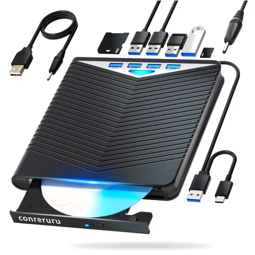 Conreruru Support for Blu-ray External Drive, Support for Blu-ray DVD/CD Player/Read/Write, USB 3.0 &/Type-C, Support for Blu-ray/DVD/CD, BD Drive, Windows 7-11 & Mac, PC-Compatible, M-DISC(Black)