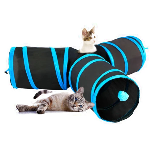 Jaaytct Cat Tunnel Cat Tunnels for Indoors Collapsible 3 Way Tube Toys Crackle Paper Interactive Cat Toy Kitty Tunnel with Toy Ball Bored Cat Pet Toys Peek Hole for Cat Kitten Rabbit Puppy (Blue)