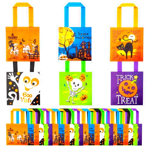 CHOIEO 24 Packs Halloween Trick or Treat Tote Bags Non-Woven Bags Candy Bags for Kids Goodie Bags Gift Bags with Handles for Halloween Party Supplies, 6 Cute Patterns (Style 1)