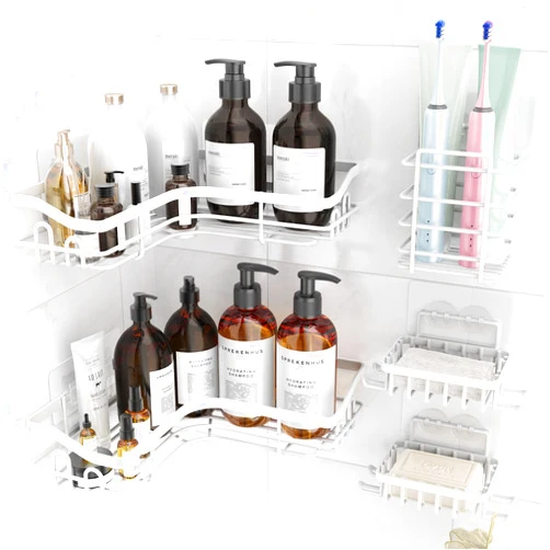 Hsiohe White Corner Shower Caddy, Adhesive Shower Organizer for Bathroom Storage, Rustproof Stainless Steel Shower Shelves, No Drilling, Space-Saving Shower Rack Shelf for Inside Shower 5 Pack