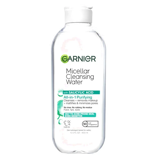 Garnier Micellar Water with Salicylic Acid, All-in-1 Mattifying Facial Cleanser and Makeup Remover for Oily and Acne Prone Skin, 13.5 Fl Oz